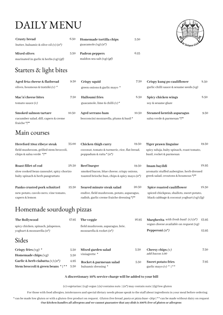 Daily menu page with sections for Starters, Main courses, and homemade pizzas; logo on the top-right corner.