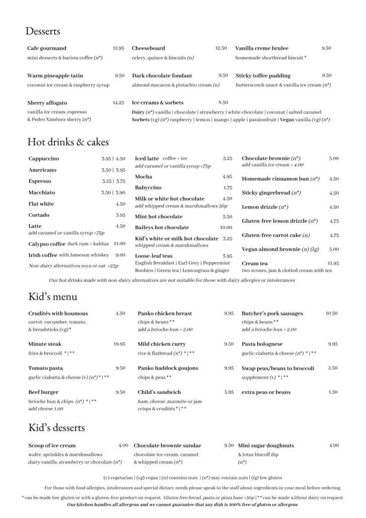 Menu page displaying Desserts and Hot drinks & cakes sections with multiple columns of item names and prices (e.g., Cafe gourmand, Cheeseboard, Vanilla crème brûlée).