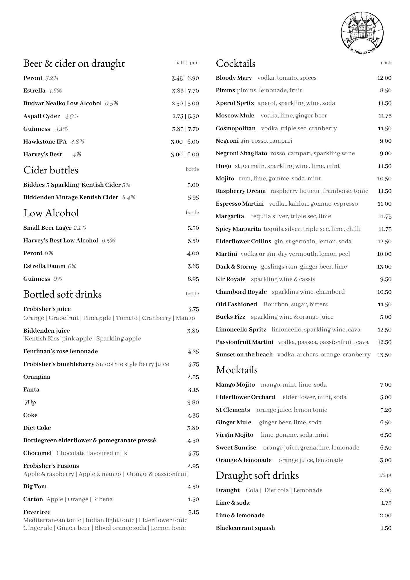 Two-column club menu page showing beer, cider, cocktails and soft drinks with prices; crest in top-right.