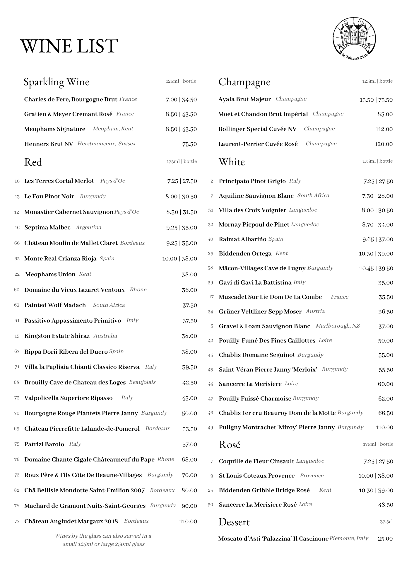 Wine List menu in two-column layout showing Sparkling, Red, Champagne, White, Rosé, and Dessert sections with wine names, origins, and prices.