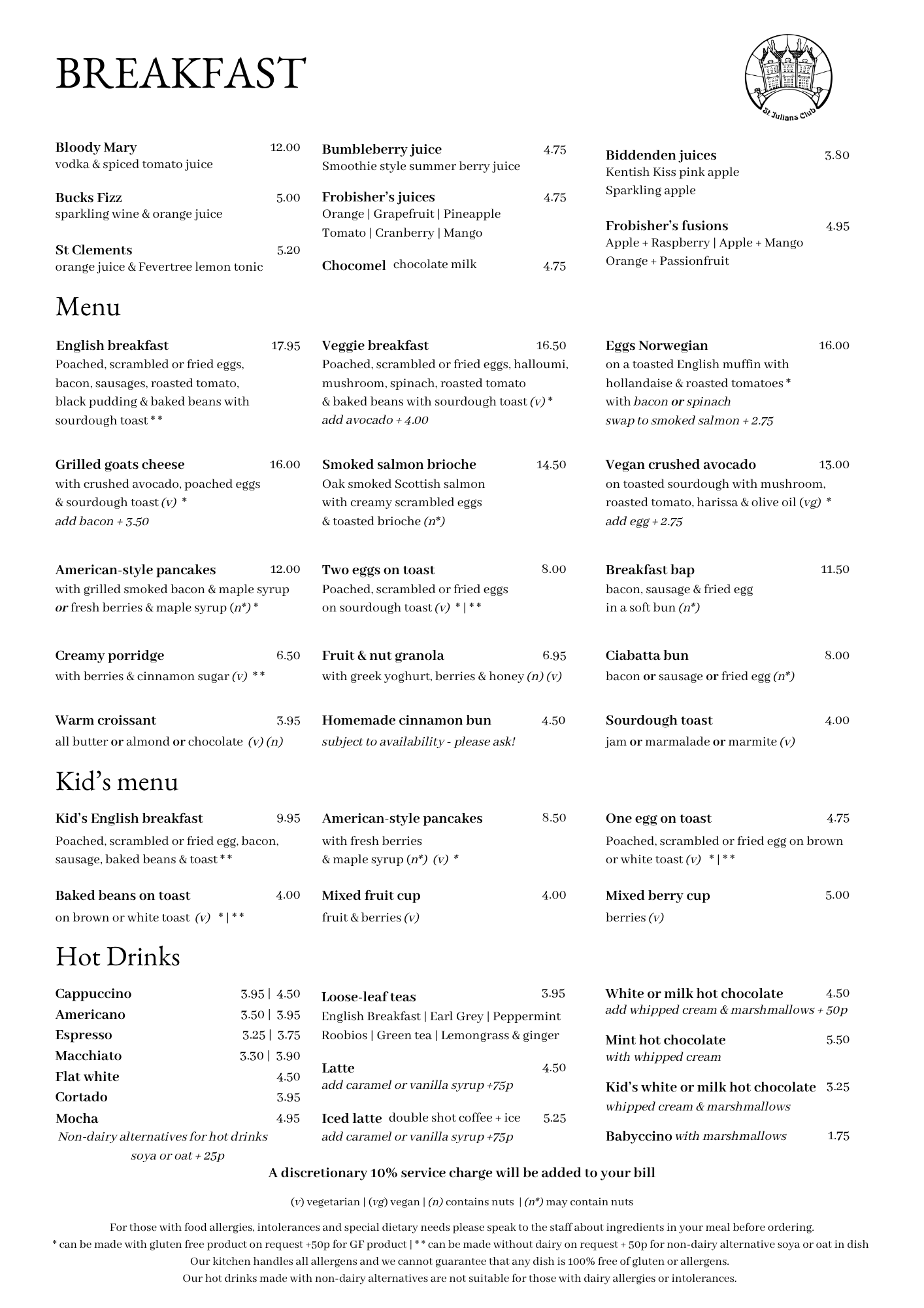 Breakfast menu page showing items and prices across columns (e.g., Bloody Mary, Bucks Fizz, St Clements) and section titles like Menu and Kid's menu with a circular club logo in corner, black serif text on white background.