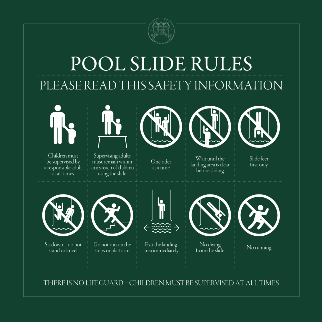 PD26_0084 St Julians Pool Rules_v03 1.pdf Safety poster titled Pool Slide Rules with icons and instructions on supervision and safe use of the slide.