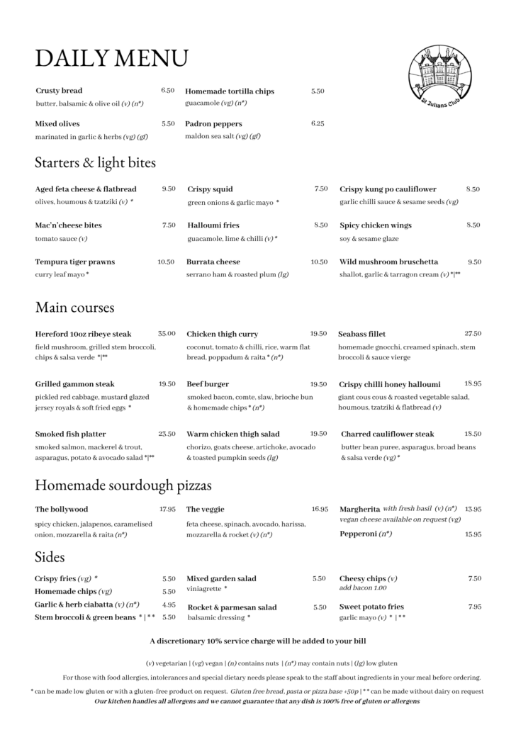 Daily menu page listing starters, mains and pizzas with prices at the restaurant. Sections include Starters & light bites, Main courses, Homemade sourdough pizzas and Sides.