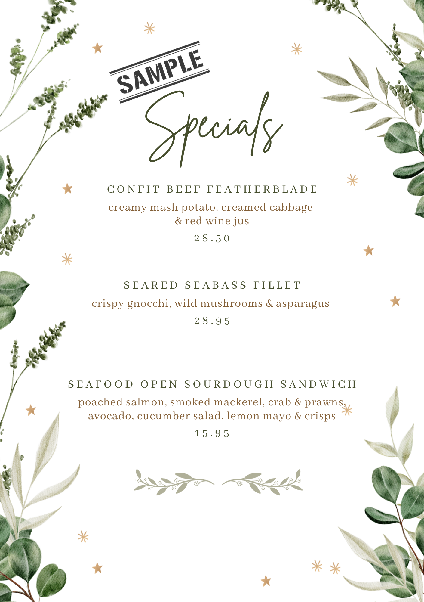 Graphic menu card titled Specials with a botanical border and star accents. Includes dishes and prices: Confit beef featherblade, seabass fillet, and more.