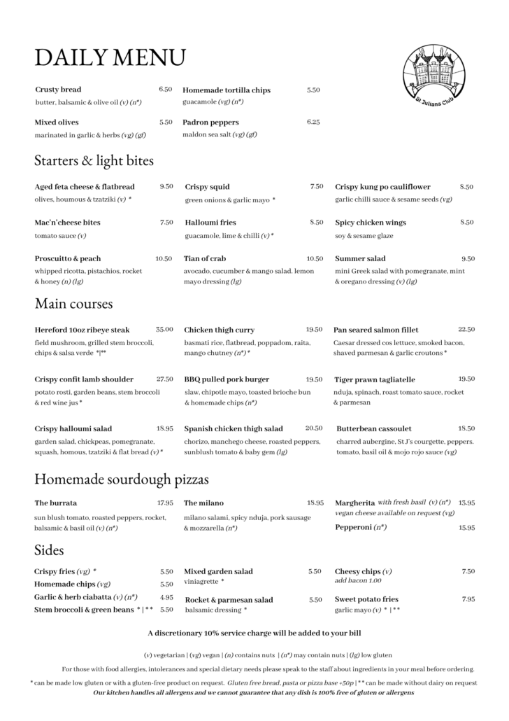 Daily menu page showing starters, mains, and pizzas with items and prices in a clean serif layout; logo in top right corner.