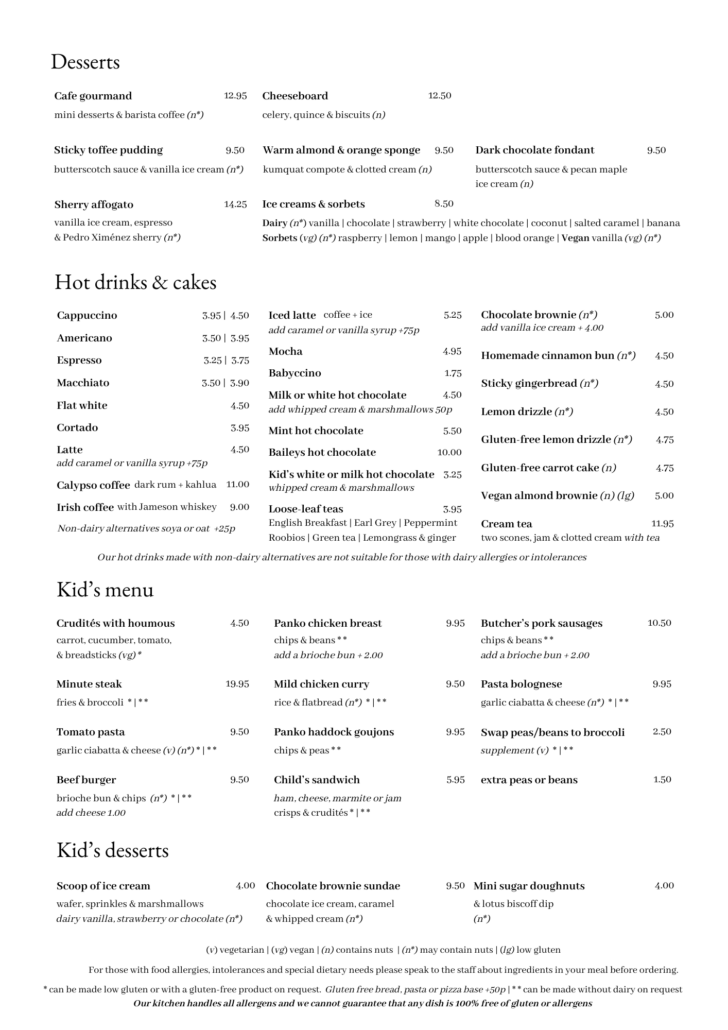 Dessert and hot drinks menu page showing items and prices, including cakes, ice creams, and coffees.