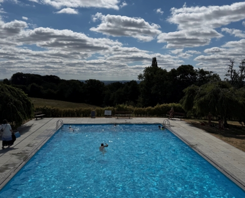 Outdoor swimming pool with bright blue water and clear sky, surrounded by trees and a paved deck with a few people.