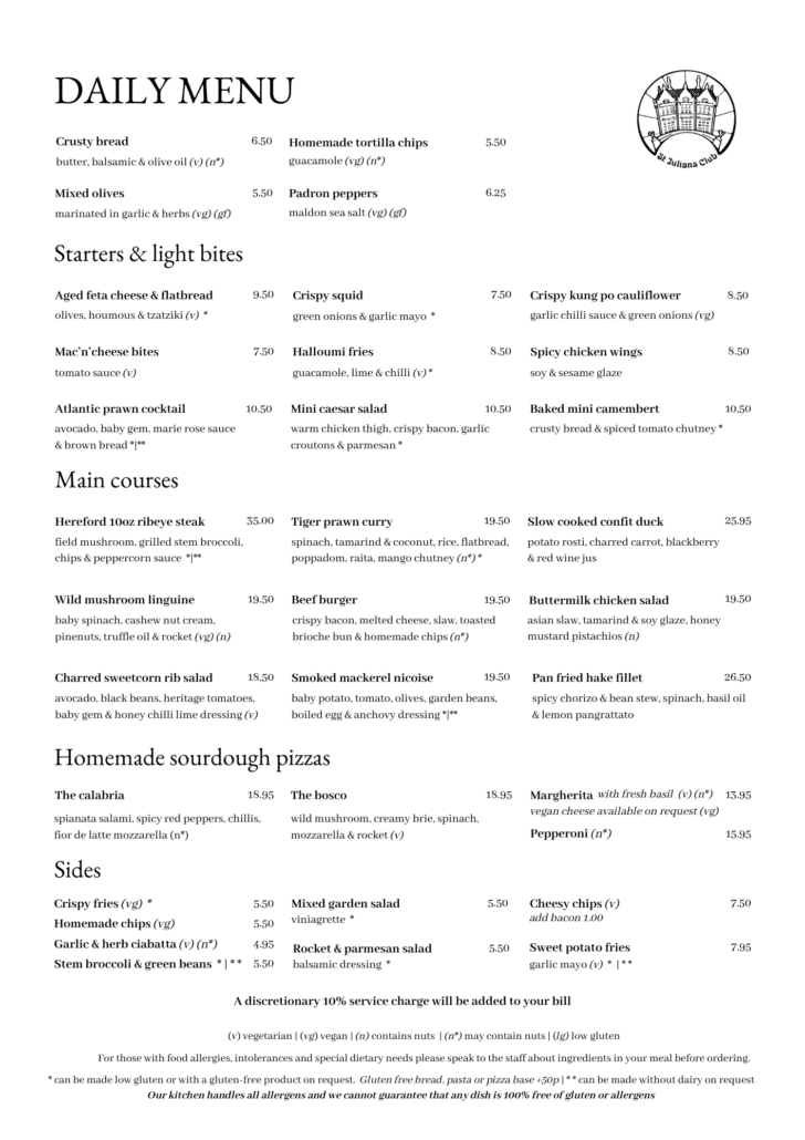 Daily menu page showing sections for starters, mains, and pizzas with dish names, brief descriptions and prices, plus a logo on the right corner.